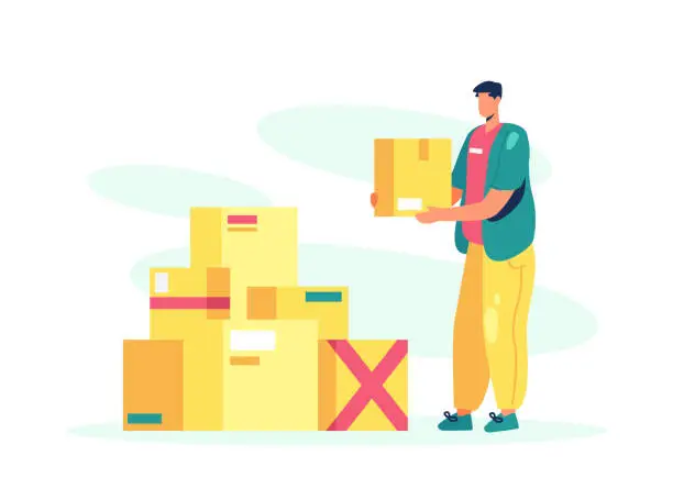 Vector illustration of Deliveryman stacks boxes. Male in uniform working in delivery company