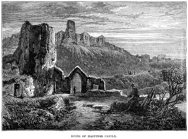 Ruins of Hastings Castle "Vintage engraving showing the Ruins of Hastings Castle, East Sussex, England" east sussex stock illustrations