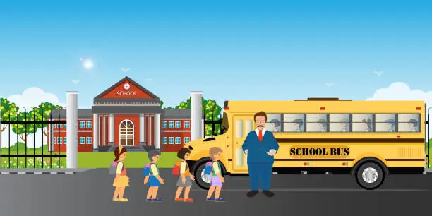 Vector illustration of Little kids boys and girls ride yellow school bus and go to school.vector Illustration.