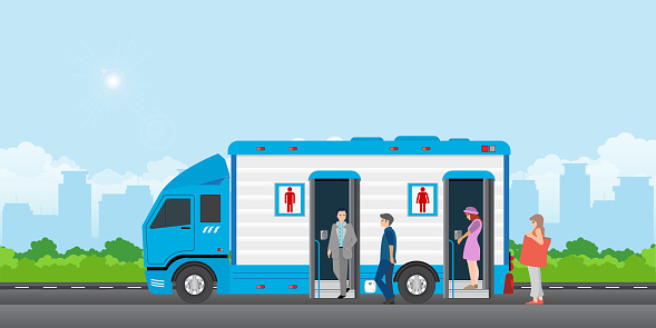 People queue to enter the toilet bus or mobile toilet.Truck transporting mobile or portable toilets, service toilet truck , toilet public, vector illustration.