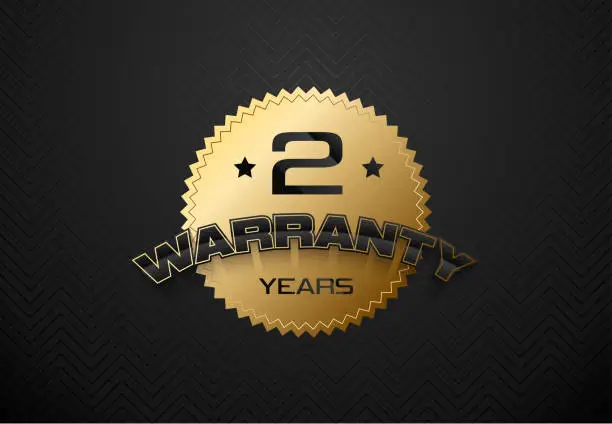 Vector illustration of Warranty tag label stamp, black gold two years luxury patch. Guaranteed gold badge banner in gold and black seal or label vector icon