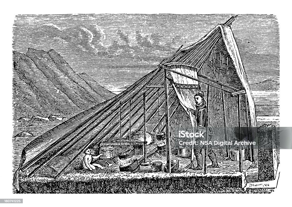 Estate Tunu tenda in legno antico, Groenlandia (incisione) - Illustrazione stock royalty-free di Ambientazione interna