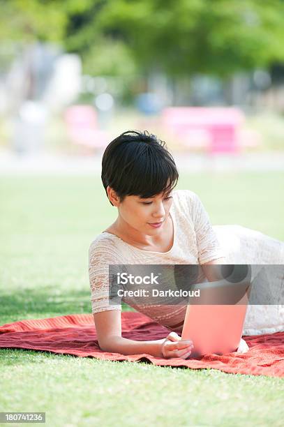 Woman With Digital Tablet In The Park Stock Photo - Download Image Now - Adult, Asian and Indian Ethnicities, Blanket