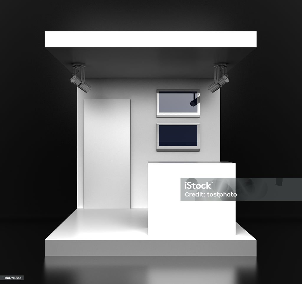 White kiosk Empty and customizable Exhibition booth, isolated on a black background. Kiosk Stock Photo