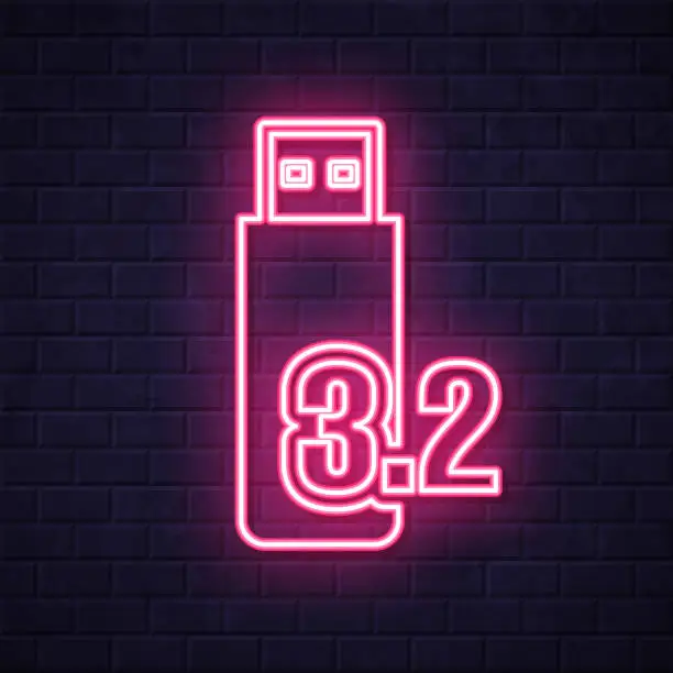 Vector illustration of USB 3.2 flash drive. Glowing neon icon on brick wall background