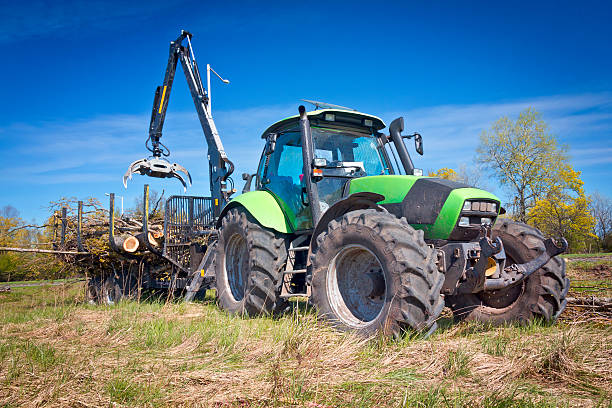 The tractor collecting felled tree on a the trailer