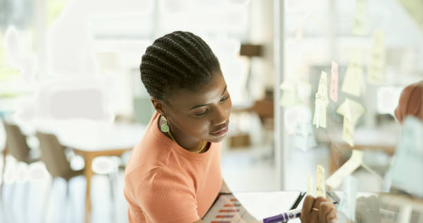 istock Woman, tablet and glassboard with writing for brainstorming, project management and sticky note in office. Young person, agenda planning and scrum notes on wall, creative strategy and workplace idea 1807417555