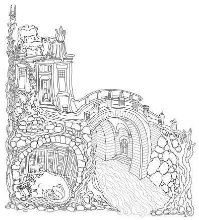 Fairy tale Dragon in the old medieval cave, safe underground shelter for dragon family with library furniture. Adults coloring book page