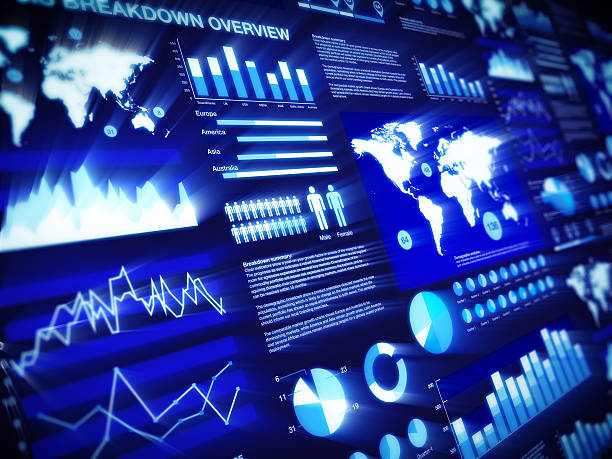 istock Graphs and charts aglow on dark blue background 180742108