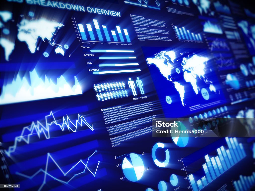 Graphs and charts aglow on dark blue background Glowing graphs and charts_____INSPECTOR_____Earth map continent shapes based on open-source data:http://www.openstreetmap.org/ Data Stock Photo