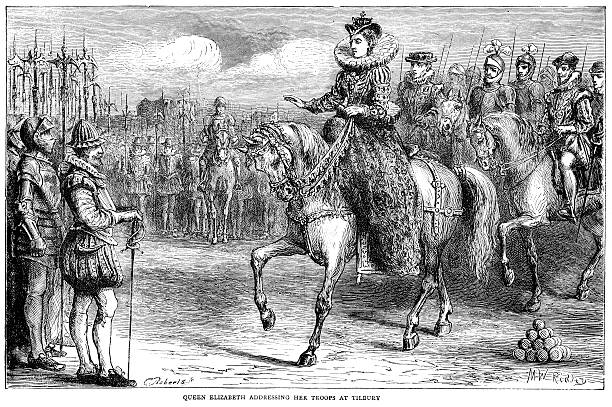 Queen Elizabeth I at Tilbury Vintage engraving showing Queen Elizabeth I of England address her troops at Tilbury elizabeth i of england photos stock illustrations