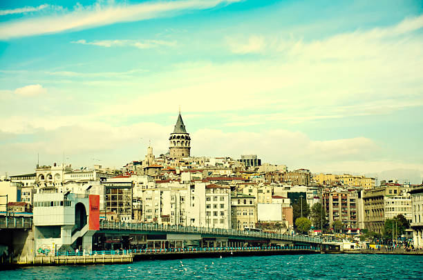 Galata Tower and Galata Bridge wiev from Bosphorus in Istanbul