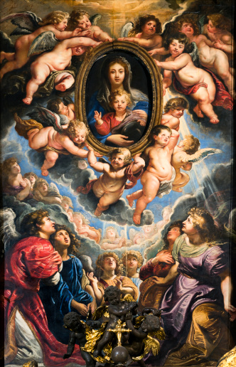The Virgin and Child Adored by Angels, 1608, oil on slate and copper. This is the central panel depicting The Virgin and Child Adored by Angels above the High Altar, Santa Maria in Vallicella, Rome.