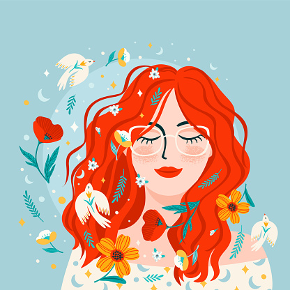 Portrait of cute girl with flowers and birds. Self care, self love, harmony. Isolated vector design.