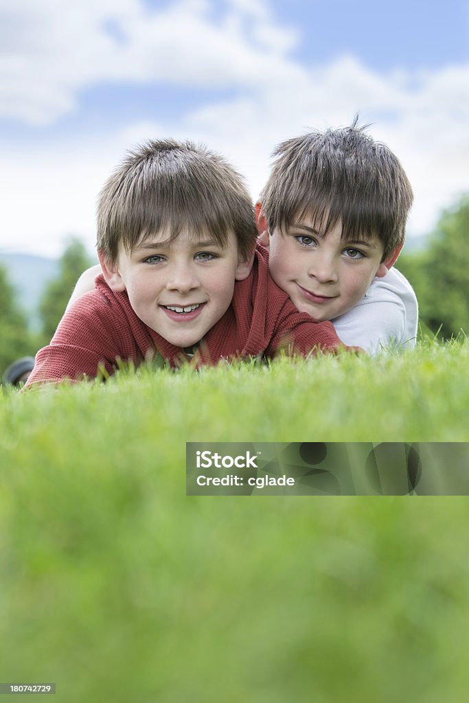 Happy boys in the Grass Two boys age 6 and 8 share a happy moment. 6-7 Years Stock Photo