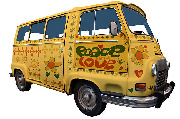 1960's yellow hippie van with 'peace love' written on side European old van from the 50's painted with colorful pop icons, hippies and psychedelic symbols. psychedelic trip stock pictures, royalty-free photos & images