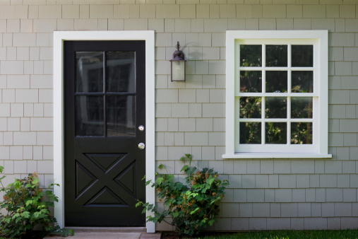 Painted door and window to a guesthouse in the back yard