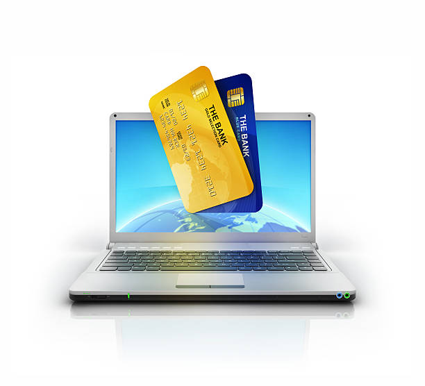 istock Banking cards with globe in metallic stylish laptop screen 180743529