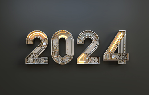 New year 2024 made from the mechanical alphabet with gear. 3D illustration