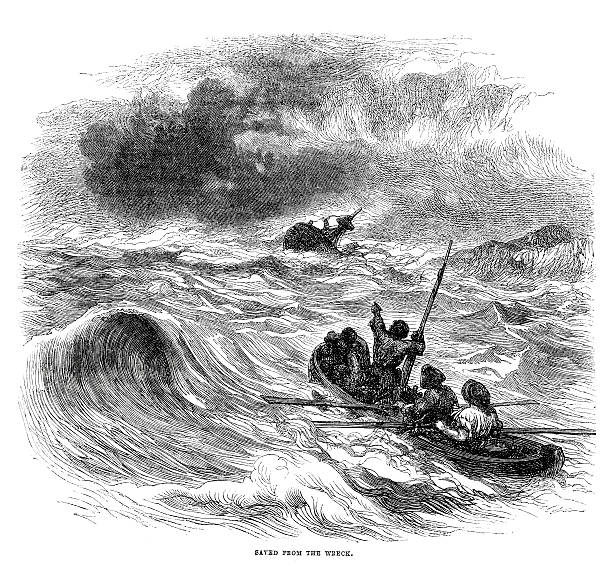 Saved from the Wreak Vintage engraving from 1862 showing people in a lifeboat as a ship sinks sinking ship pictures pictures stock illustrations