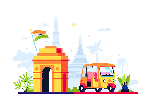 Landmarks of India - modern colored vector illustration with Gateway in New Delhi, Global Vipassana Pagoda, national flag and taxi tuk-tuk. Panorama with landmarks and cultural features. Tourism idea