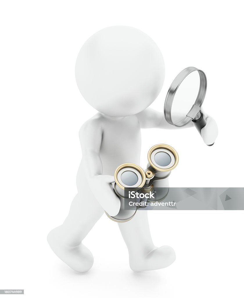 Searching man 3D simple character holding a magnifying glass and binoculars searching for something.For more small people images: Binoculars Stock Photo