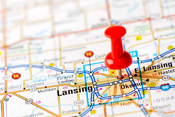 istock US capital cities on map series: Lansing, MI 180745184