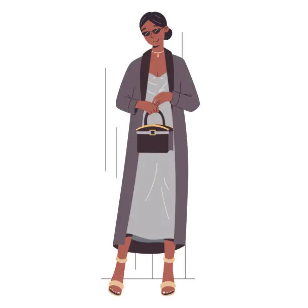 Vector illustration of Young beautiful cartoon fashion model african american woman posing. Vector isolated flat girl in a dress and coat with handbag. Elegant lady businesswoman.