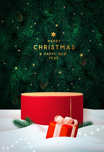 Holiday Christmas showcase background with 3d red podium and emerald Christmas tree texture. Abstract minimal scene. Vector illustration