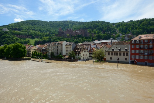 flood in famous city Heidelberg/Germany. Streets are under water from the water of River Neckar.
