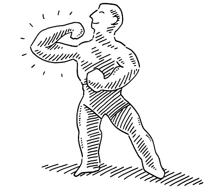 Hand-drawn vector drawing of a Muscle Posing Bodybuilder. Black-and-White sketch on a transparent background (.eps-file). Included files are EPS (v10) and Hi-Res JPG.