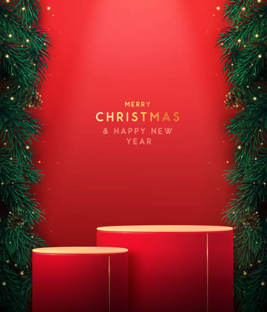 istock Holiday Christmas showcase background with 3d red podium and emerald Christmas tree texture. Abstract minimal scene. Vector illustration 1807460228