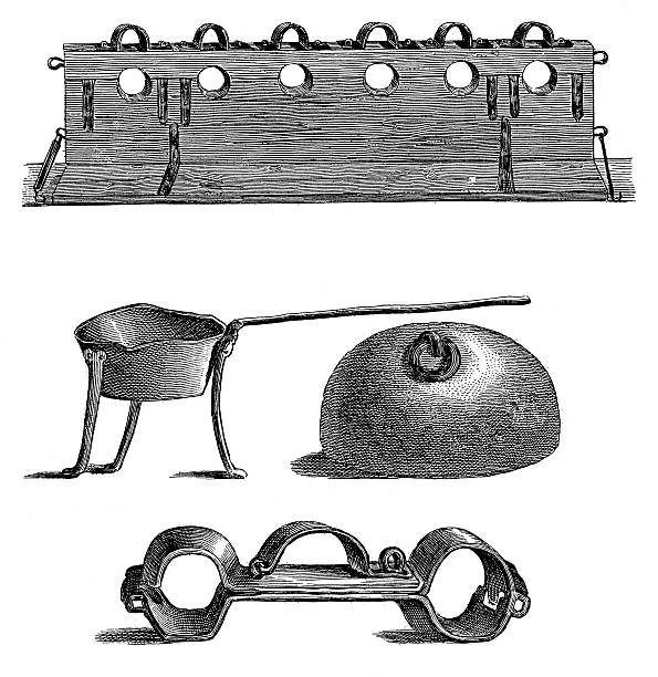средневековая пыток инструменты (состаренное дерево гравировка) - пытать stock illustrations