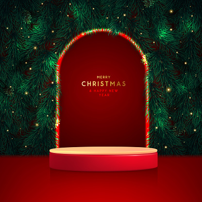 Holiday Christmas showcase  background with 3d red podium and emerald Christmas tree texture. Abstract minimal scene. Vector illustration