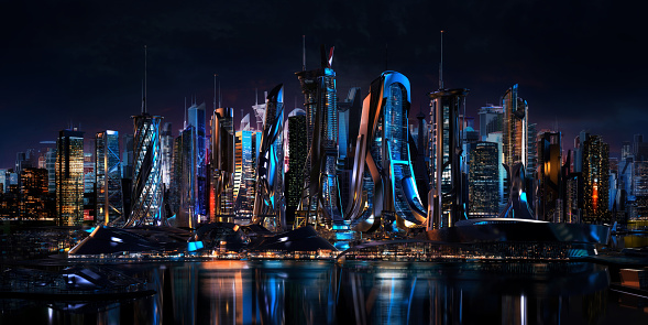 Night city skyline panorama, 3D scene. Futuristic cyberpunk city creative illustration: skyscrapers, towers, buildings. Future, panoramic urban view of megapolis town at night, dark sky background
