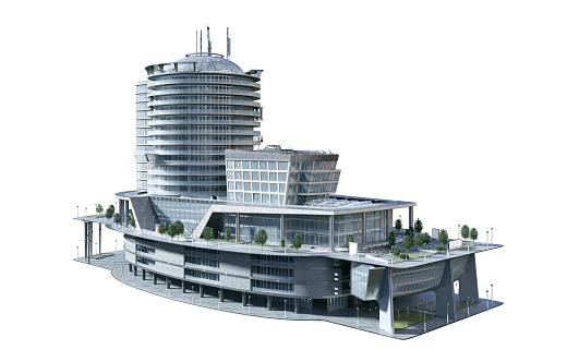 Business tower, office, residential, commercial tall building isolated. Modern eco city design element. Smart city megapolis town building icon, three-dimensional render, white background
