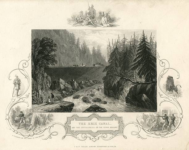 This antique print (1834) shows a packet boat full of passengers crossing an Erie Canal viaduct over the Mohawk River in New York State. The boat is being pulled along the towpath by two horses, and the passengers are stood on the roof of the boat to get a better view. Included in the view are fishermen on the Little Falls, and fir and cedar trees along the banks of the Mohawk River. As the song says, the Erie Canal runs 363 miles (from Albany to Buffalo). making a navigable route by water from the Atlantic Ocean to the Great Lakes, opening in 1825. This 19th century print is a steel engraving from HintonÆs (History of the United States) (1834). Text on this print: The Erie Canal And The Little Falls On The Mohawk River A clearing on the banks of the Mohawk Early settlers attacked by Indians J & F Tallis, London, Edinburgh & Dublin (publisher) Additional subjects around the circumference: Native American Indians; buffalo / American bison; early settlers being attacked by native American Indians.