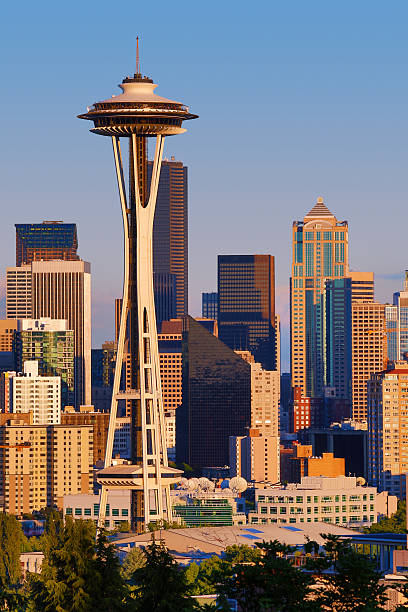 Seattle, Washington / United States - December 10, 2018:  Looking up at the bottom of the Space Needle constructed for the 1962 World\