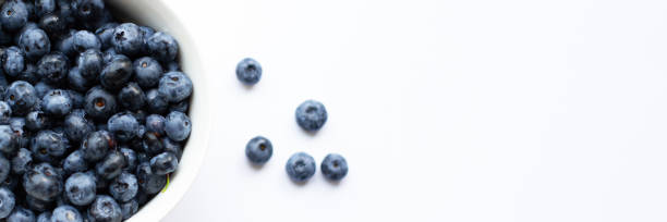 Fresh blueberries in a white bowl on a white background with several berries scattered nearby. Banner