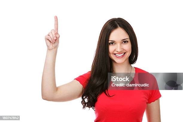 Beautiful Woman Pointing Up At Copyspace Stock Photo - Download Image Now - One Woman Only, Women, Number One Finger Sign