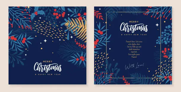 Vector illustration of Set of Christmas holiday greeting cards or covers with christmas floral desoration. Vector illustration