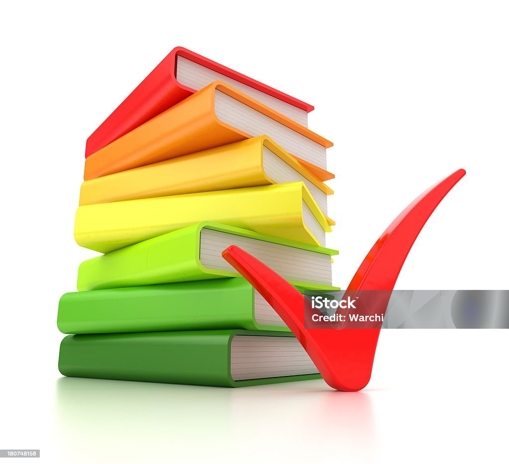 Multicolorido livros e vermelho checkmark - Foto de stock de Aprender royalty-free