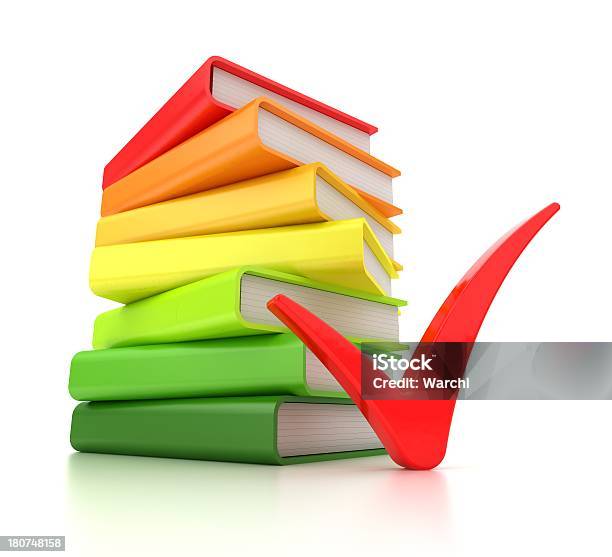 Foto de Multicolorido Livros E Vermelho Checkmark e mais fotos de stock de Aprender - Aprender, Biblioteca, Colorido