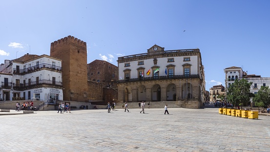 Caceres, Spain – May 11, 2023: View of the main square buildings of this roman village namely the Old Town Area in Caceres, Spain.