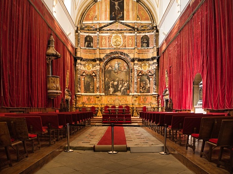 Salamanca, Spain – May 04, 2023: Interior Church of Salamanca University, the oldest university in Spain and one of the oldest in Europe, Community of Castile and Leon, Spain