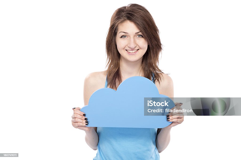 Cloud Computing Concept "Young girl holding big blue cloud, isolated on white background." 20-29 Years Stock Photo