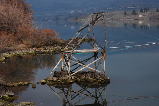 Native American gill netting platform for catching salmon in the Columbia River, Oregon.