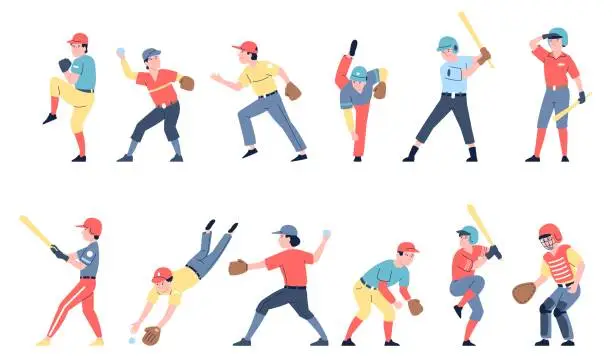 Vector illustration of Baseball players flat characters. American sport athletes game. Catcher, pitcher wear gloves and hitting ball with bat. Cartoon recent vector set