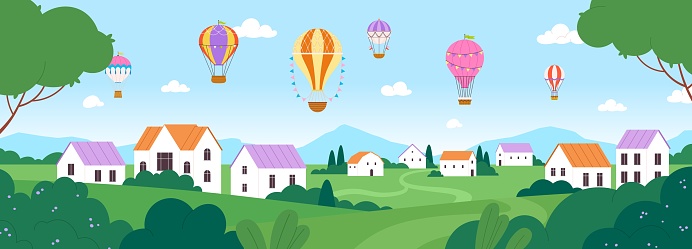 Hot air balloons landscape. Village in valley with cute white houses at mountains. Cozy rural panoramic landscape. Outdoor travel racy vector scene illustration of village landscape outdoor