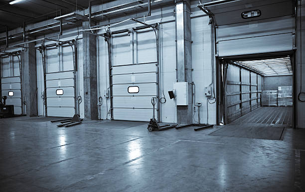 Interior of a warehouse at the docks stock photo